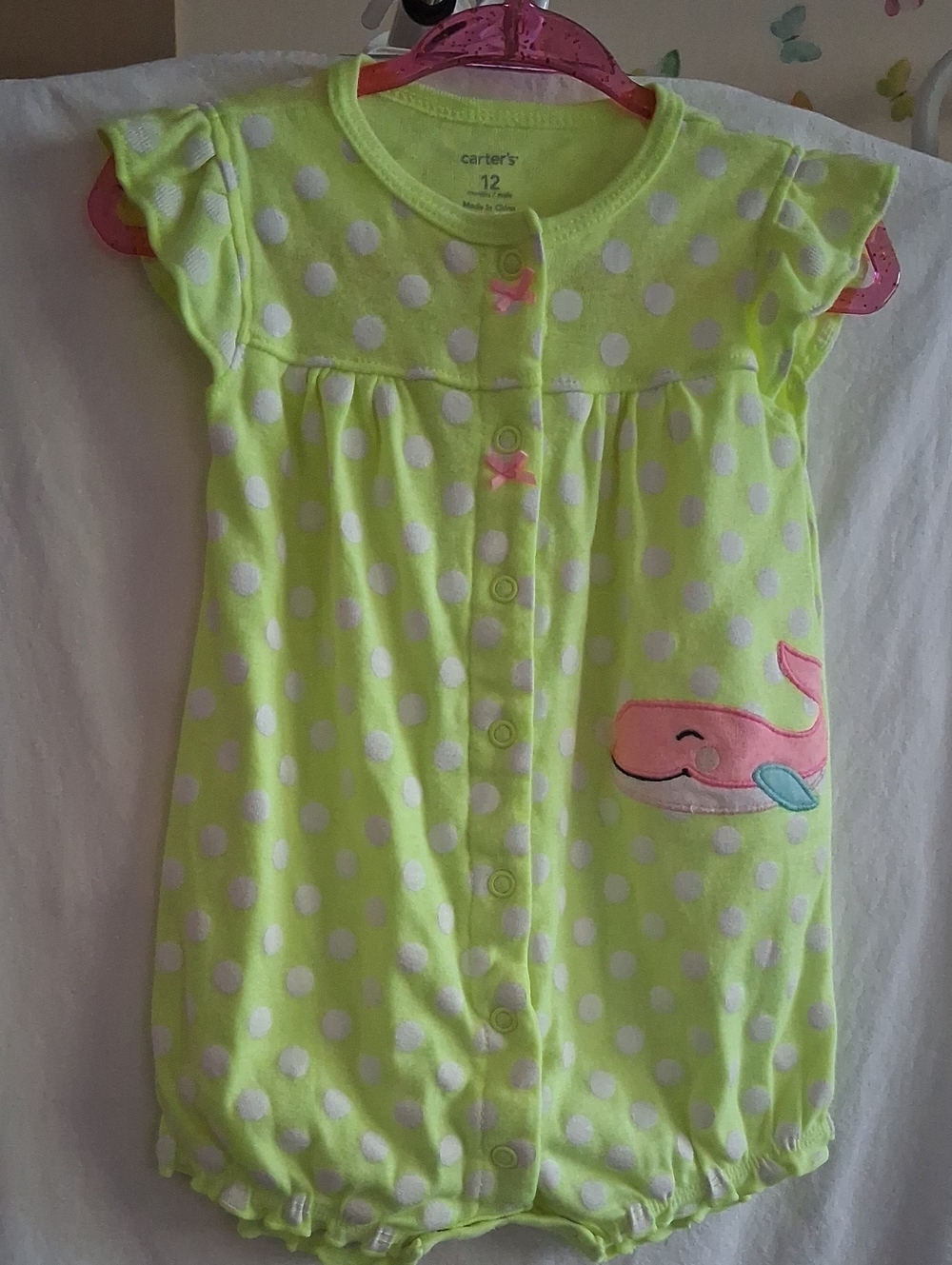 Carter's Neon Yellow Polka Dot Baby Romper with Pink Whale